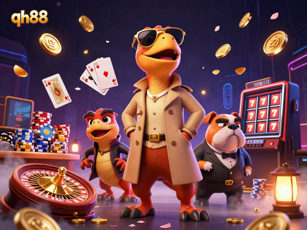 Clever raptors entering VIP lounge at qh88 casino surrounded by coins, cards, and roulette elements.