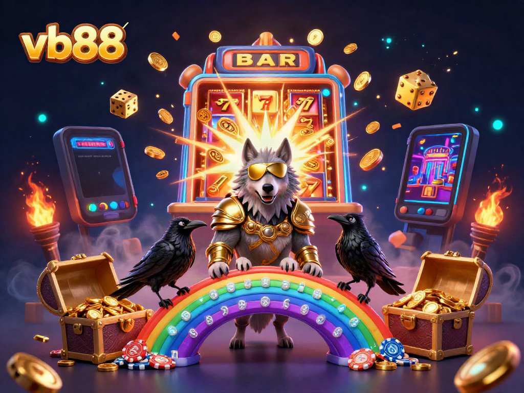 Experience the jackpot thrill with vb88's vibrant gaming scene featuring Odin and ravens amidst a casino explosion.