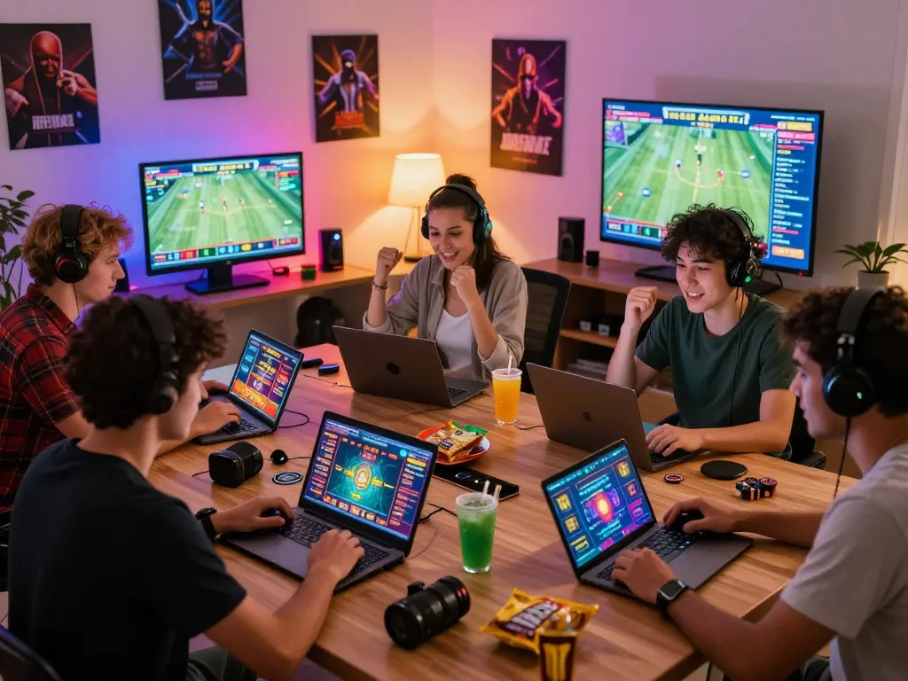 Engaged players enjoying online gaming on laptops and tablets at home, highlighting vibrant betting experiences at https://rr88c.mobi/.