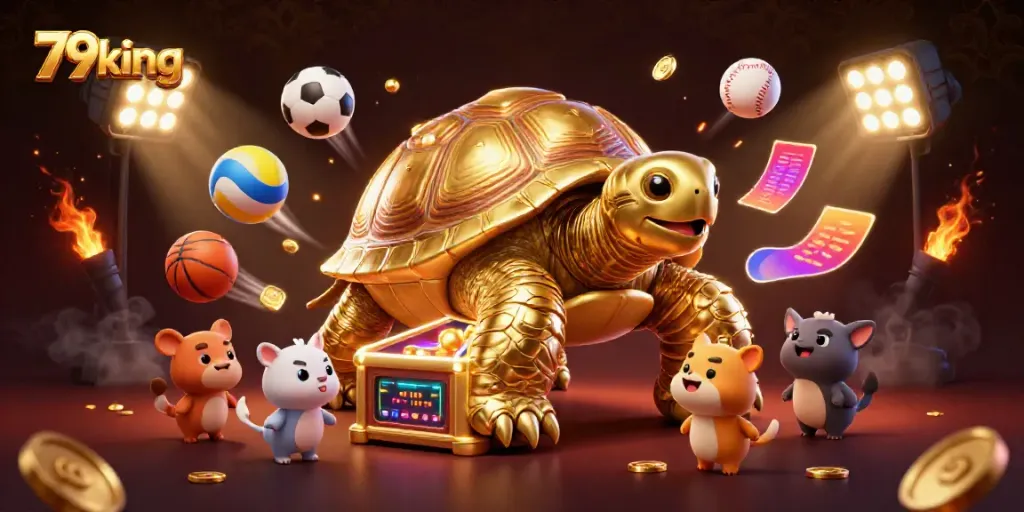 79king's exciting gaming scene featuring a golden tortoise pinball machine surrounded by vibrant sports elements.
