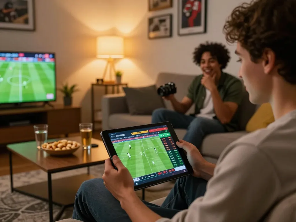 Engaged user analyzing keobongda betting odds on tablet in cozy home setting.