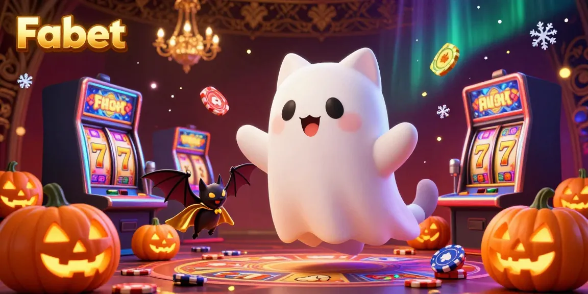 Engage in an exciting betting adventure with Fabet in this lively casino scene featuring a ghost cat and vampire bat.