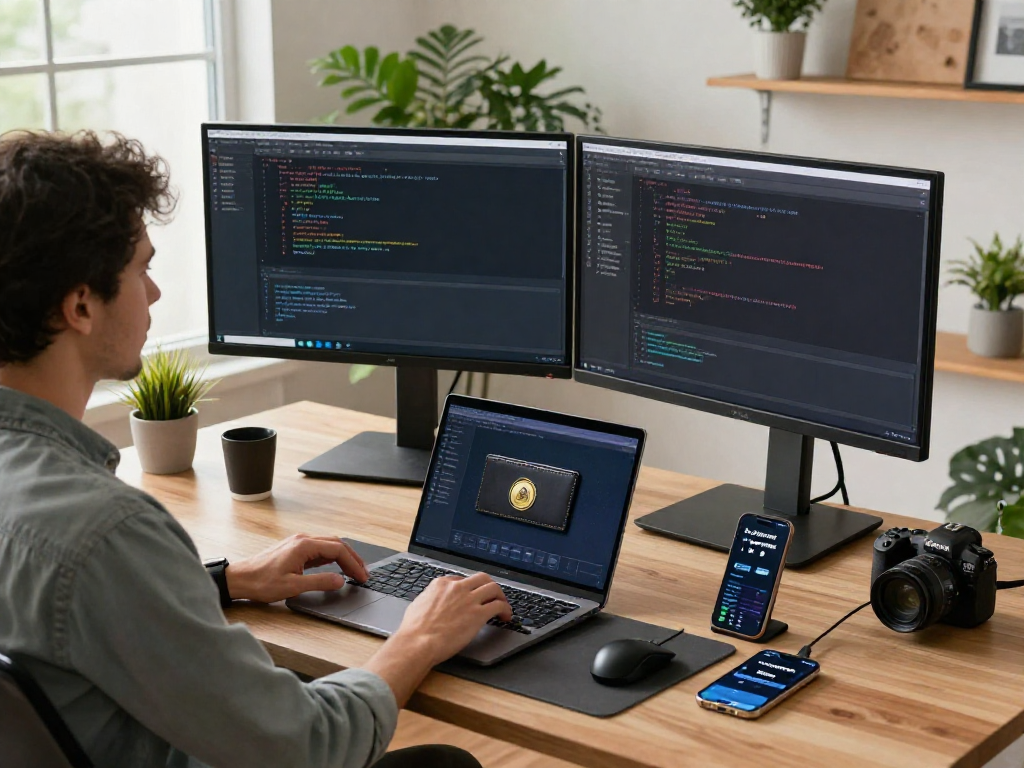 Developer using acrossprotocol in a modern tech workspace with coding and blockchain visuals.