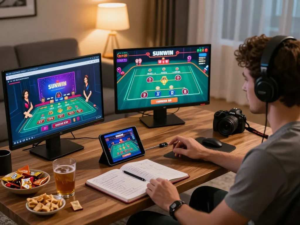 Player engaging with SUNWIN online casino app on tablet, surrounded by gaming notes and snacks in a cozy living room