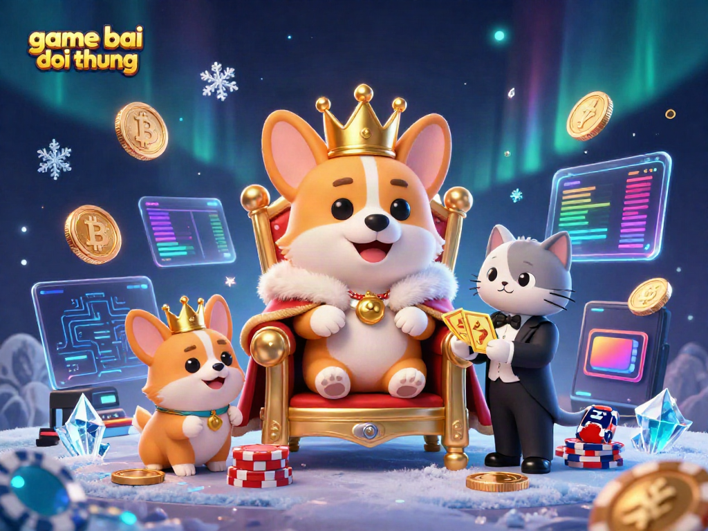 Join the game bai doi thuong scene with royal corgi on a poker throne, showcasing vibrant casino elements.