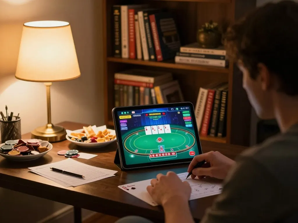 Person playing online poker in a cozy home environment, showcasing nhacaiuytinn strategies with tablet and notes