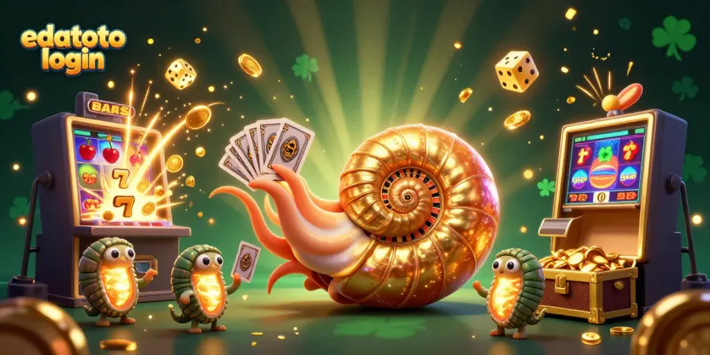 Experience the excitement of edatoto login with a vibrant 3D casino illustration featuring a giant nautilus and jackpot elements.