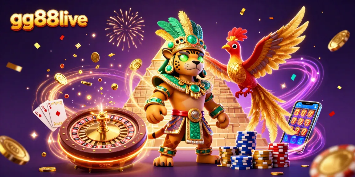 Experience exhilarating gaming excitement at gg88live with vibrant characters, flying coins, and casino elements.