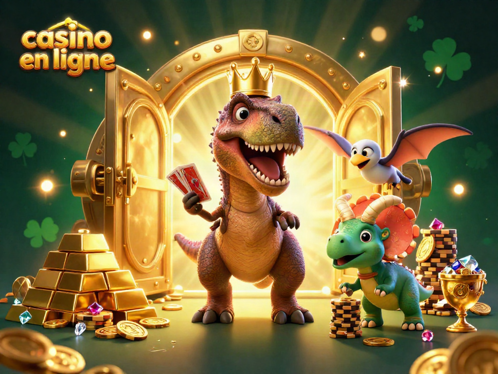 Plongez dans l'univers du casino en ligne avec un T-Rex jouant aux cartes et un triceratops empilant des jetons.