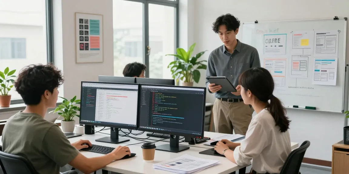 Build internal tools with AI in a modern collaborative workspace featuring diverse professionals and innovative technology.