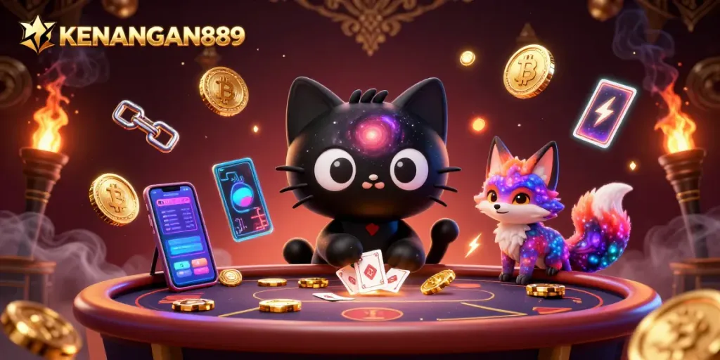 Engage with KENANGAN889 at a cosmic casino table featuring vibrant characters and crypto elements