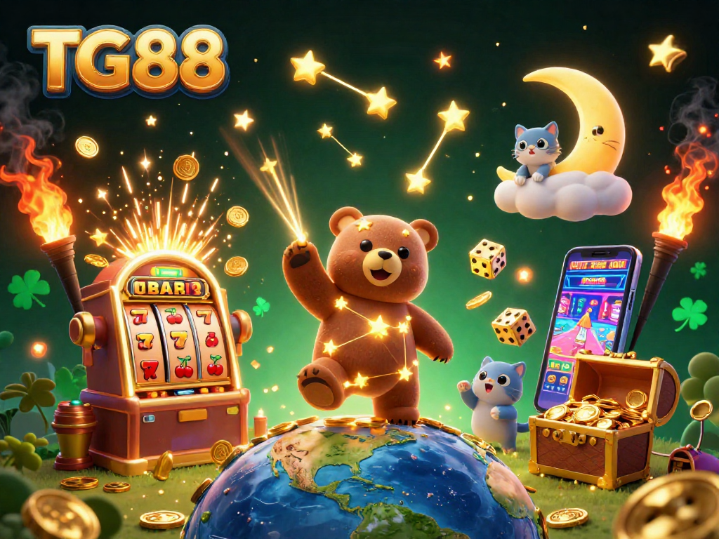 Experience exciting wins with TG88 in a vibrant casino-themed illustration featuring engaging characters and game elements.