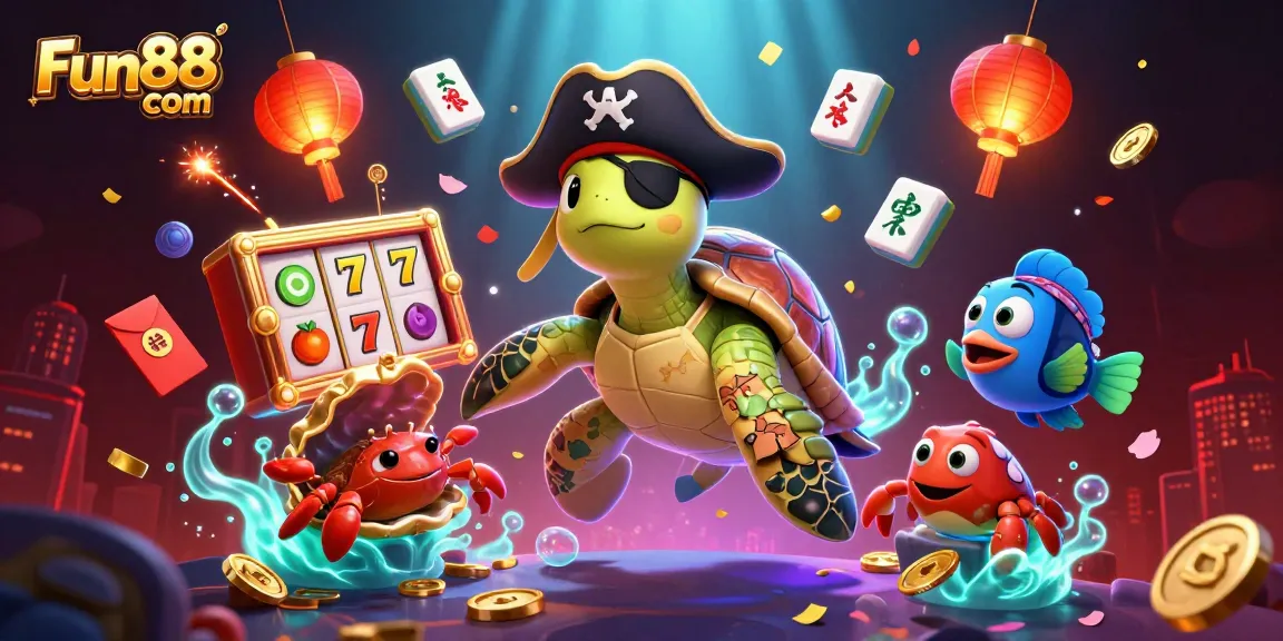Engage in thrilling slots with Fun88 com's vibrant 3D casino scene featuring colorful characters and game elements.