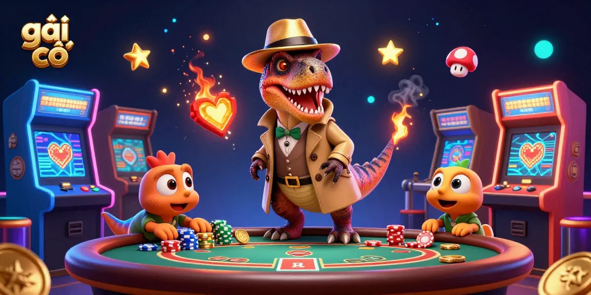 Engage with gái gọi at a vibrant casino scene featuring animated dinosaurs in playful card games.