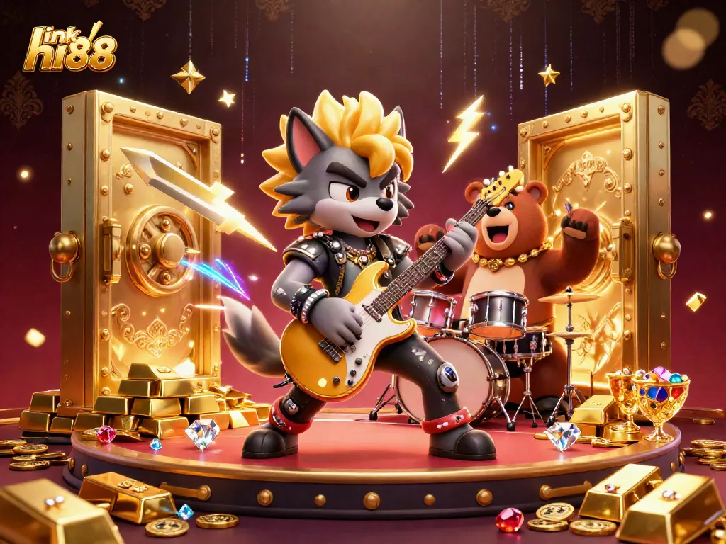 Engage with link hi88 in this vibrant, electrifying casino-themed illustration featuring a rock star wolf and drummer bear.
