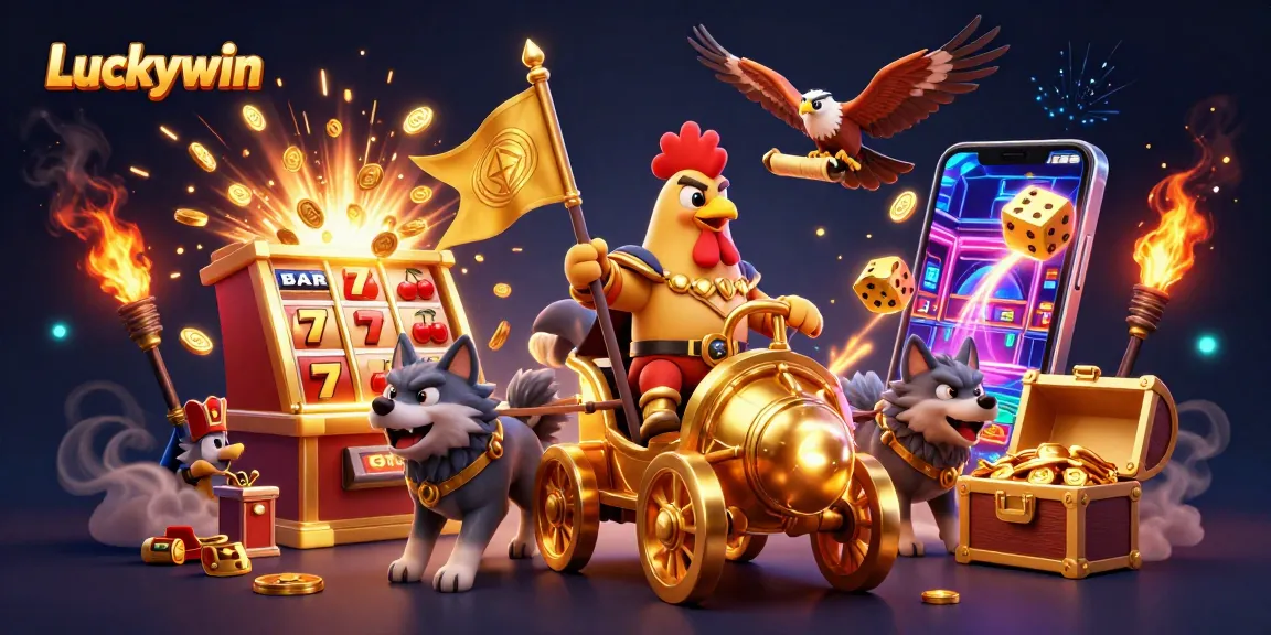 Experience thrilling wins at Luckywin with vibrant casino elements and a dynamic scene.