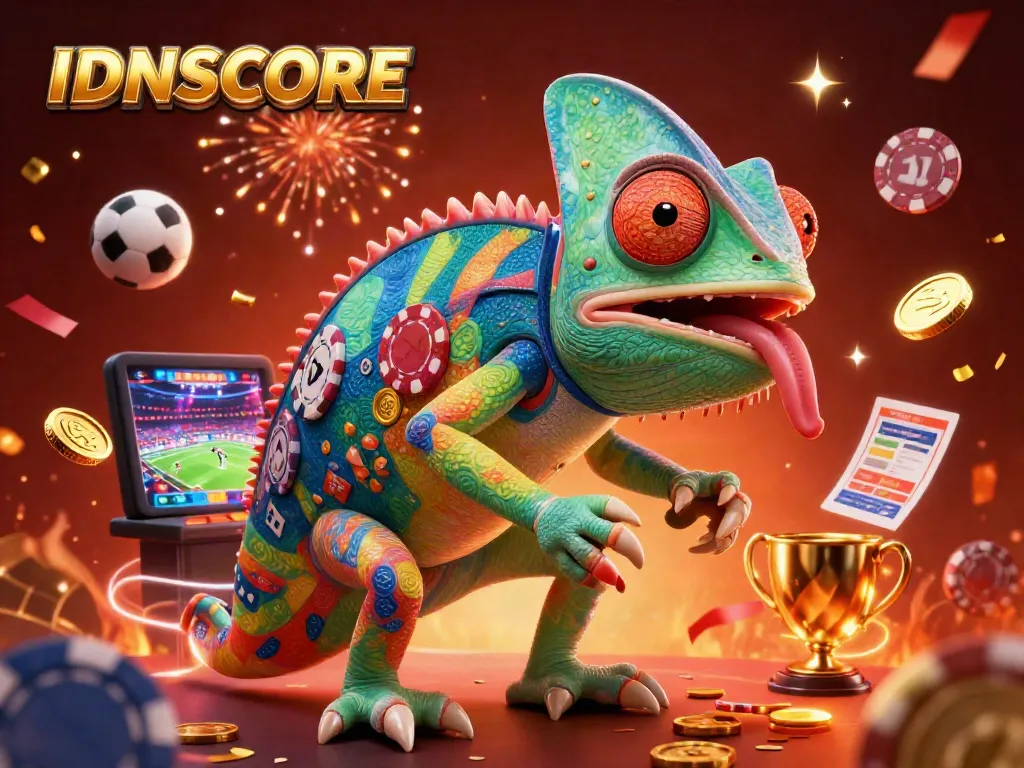 Experience IDNSCORE's vibrant sports betting world with animated elements and a colorful chameleon casino owner.
