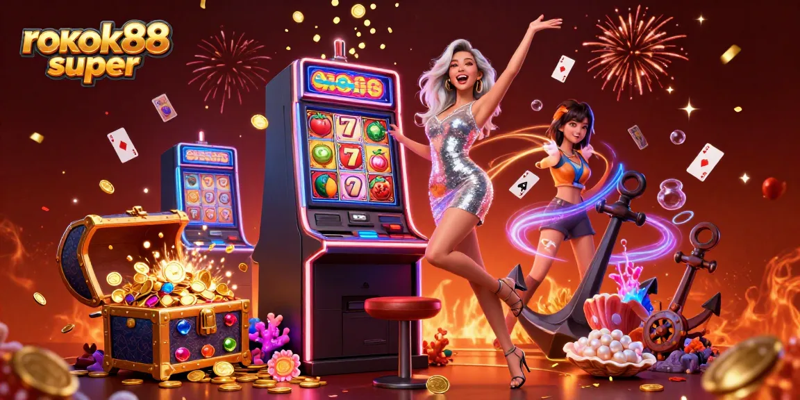 Experience the thrill of rokok88 super at slot machines, with a celebratory woman and vibrant casino atmosphere.