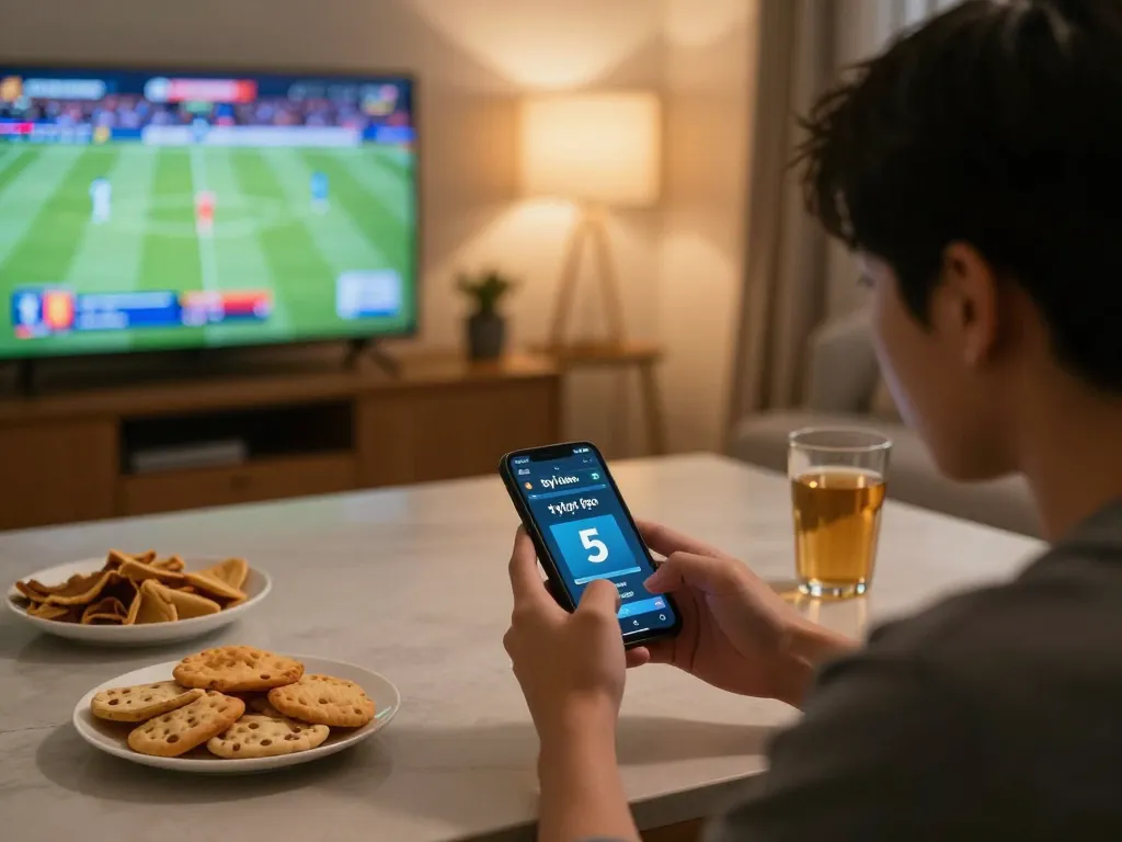 Engaged bettor monitoring tỷ lệ kèo nhà cái 5 on smartphone during home sports betting