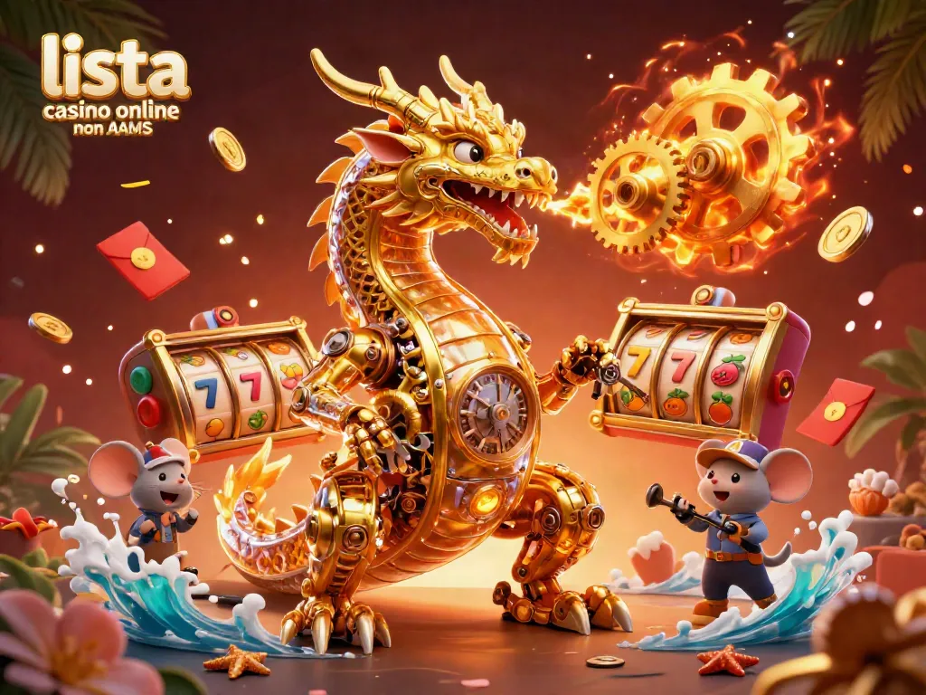Scopri la lista casino online non AAMS con un drago dorato e simboli di slot che brillano.