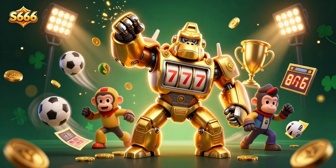 Experience the excitement of S666 with a dynamic illustration of a golden gorilla mech, slot reels, and sports elements.