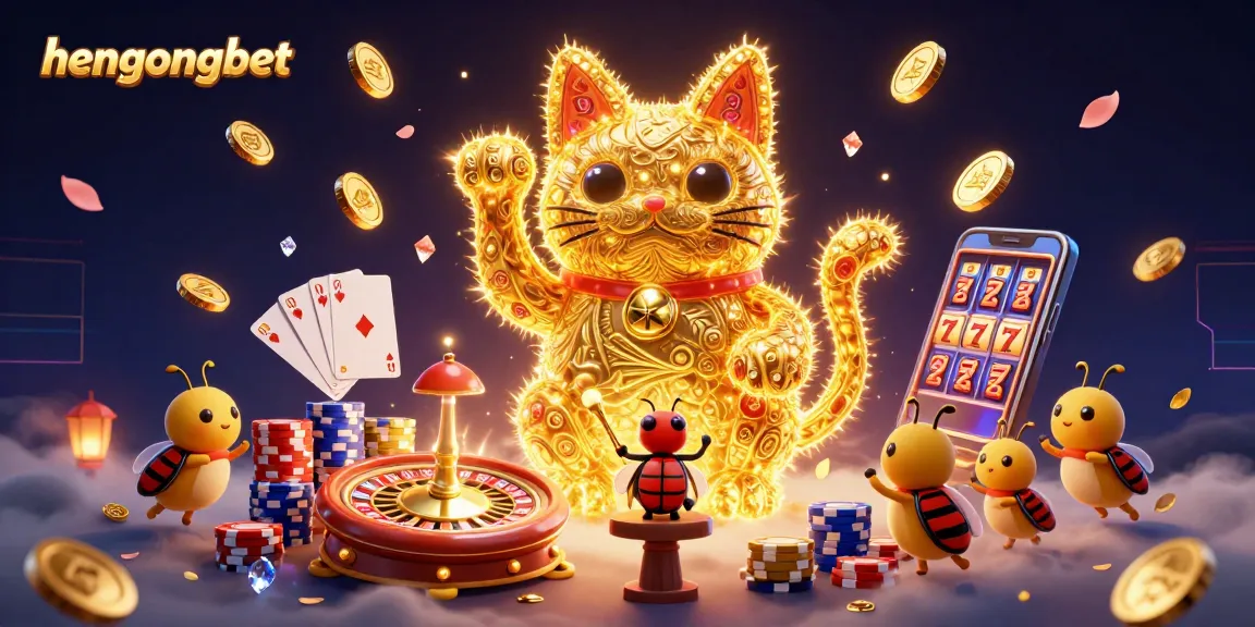 Experience the magic of hengongbet with a vibrant illustration of a lucky cat in a casino scene.