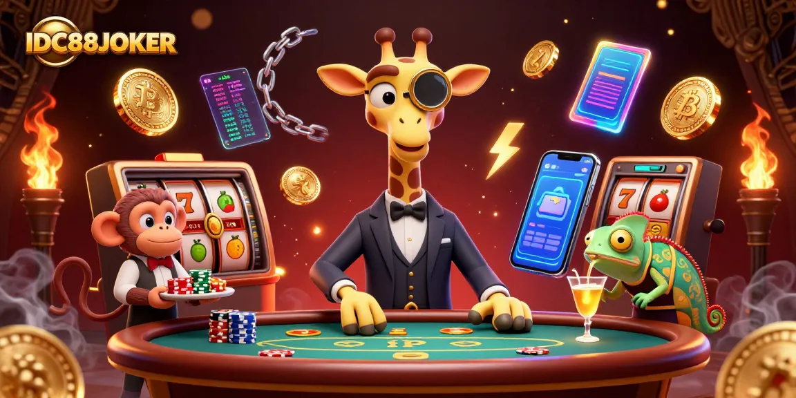 IDC88JOKER offers thrilling jackpots with a 3D cartoon high-roller giraffe at a poker table.