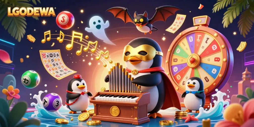 Engage with LGODEWA through a vibrant illustration showcasing a penguin and bat in a dynamic casino scene.