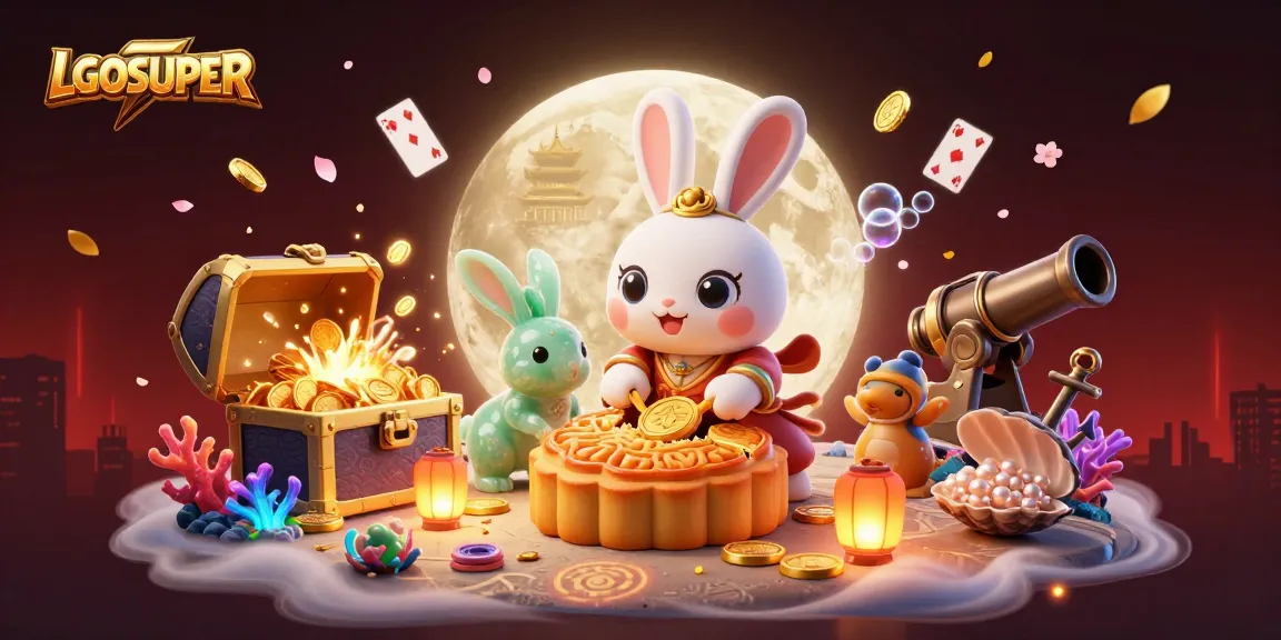 Experience the thrill of LGOSUPER with an illustration of a moon rabbit revealing poker chips inside mooncakes.