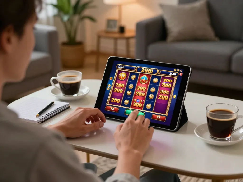 Engaging slot bet 200 online gameplay shown on tablet with cozy home setup.