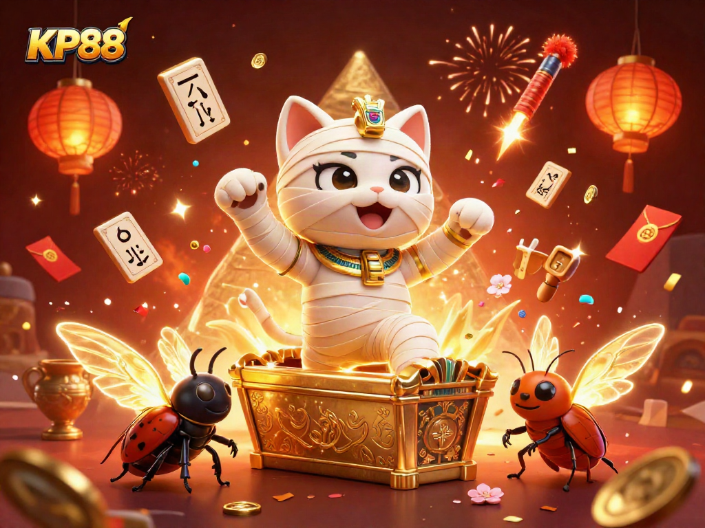 Win big at KP88 with a lively 3D casino scene featuring a mummy cat and treasures.