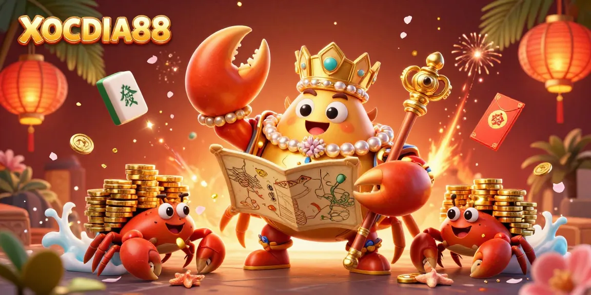 Experience thrilling gameplay at XOCDIA88 with a vibrant 3D casino scene depicting a golden crab emperor and ornate decorations.