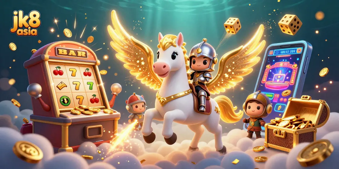 Engage with jk8 asia through a thrilling gaming scene featuring slots, treasure chests, and fantasy characters.