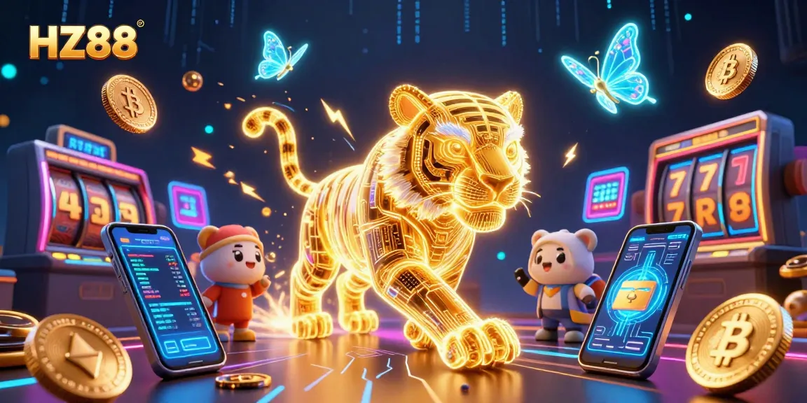 Experience the vibrant casino atmosphere of HZ88 with a luminous golden tiger and digital elements.
