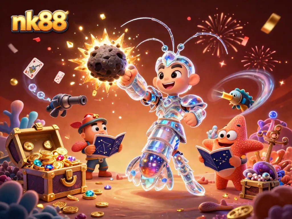 Engage in the action with nk88, featuring a galactic mantis shrimp and floating treasure in an explosive ocean scene.