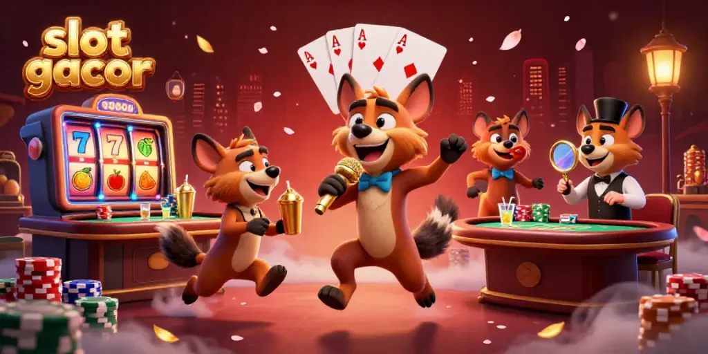 Hyena lucu di kasino slot gacor, menggambarkan suasana ramai sekaligus menarik.
