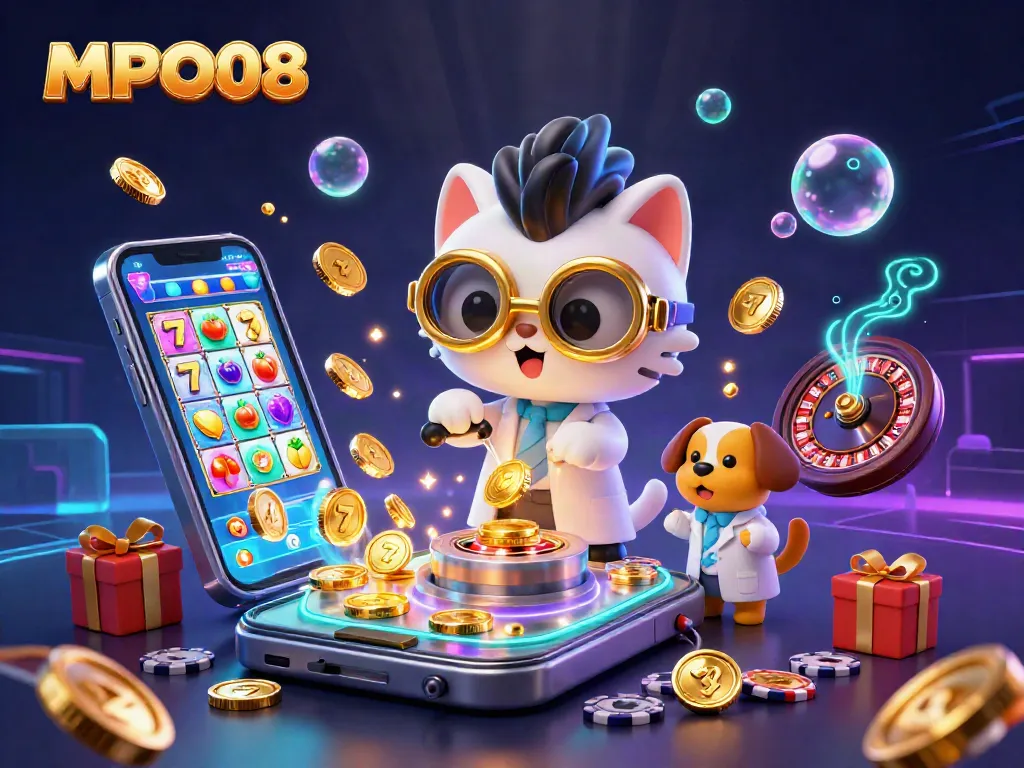 Engage with MPO08's vibrant casino scene featuring a mad scientist cat and a dog assistant, creating golden coin magic.