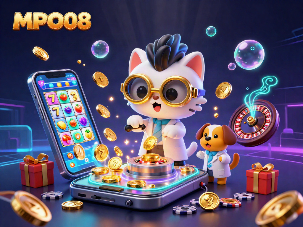 Engage with MPO08's vibrant casino scene featuring a mad scientist cat and a dog assistant, creating golden coin magic.