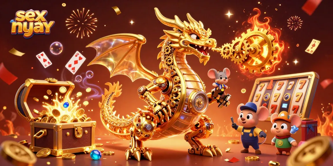 Experience the thrill of sex mới with a golden dragon breathing cogs and coins in this 3D casino illustration.