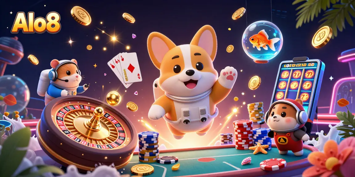 Alo8 showcases a vibrant space casino with a floating corgi and dynamic gaming elements