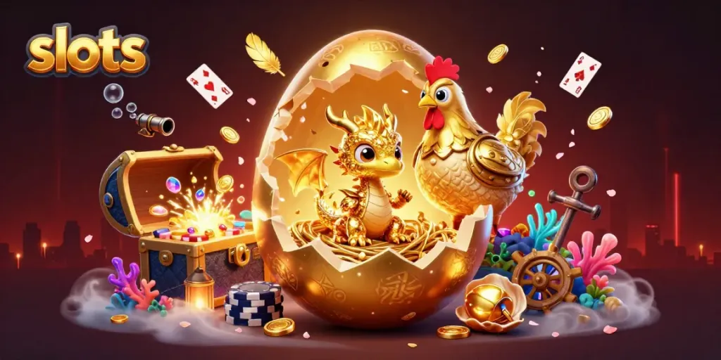 Experience thrilling slots action with a golden baby dragon, poker chips, and treasure exploding around it.