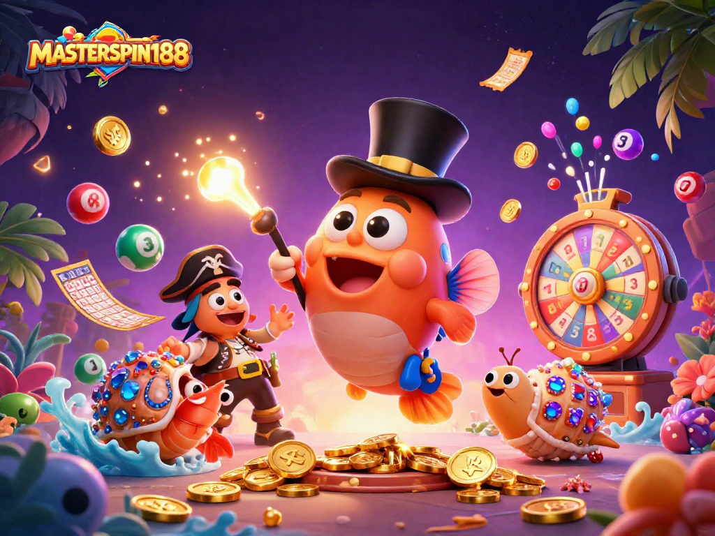 Experience excitement with MASTERSPIN188 as a lively anglerfish, pirate shrimp, and gem snail bring lottery fun to life.