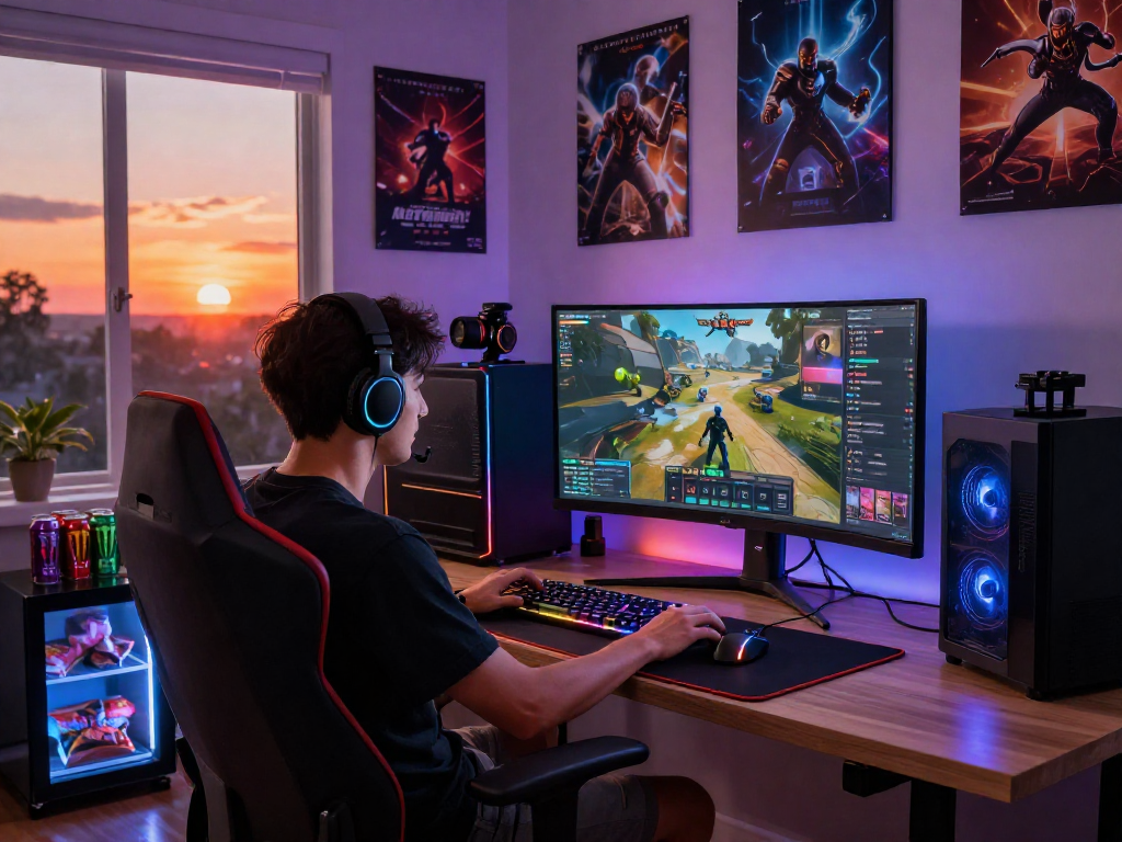 Gamer immersed in action at their gaming setup, showcasing lavowin daftar features.