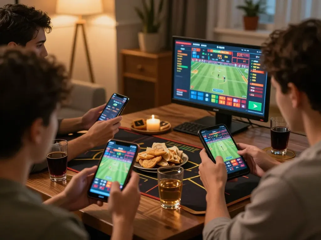 IDNSCORE RESMI players strategizing bets on mobile sports app while enjoying casual home atmosphere.