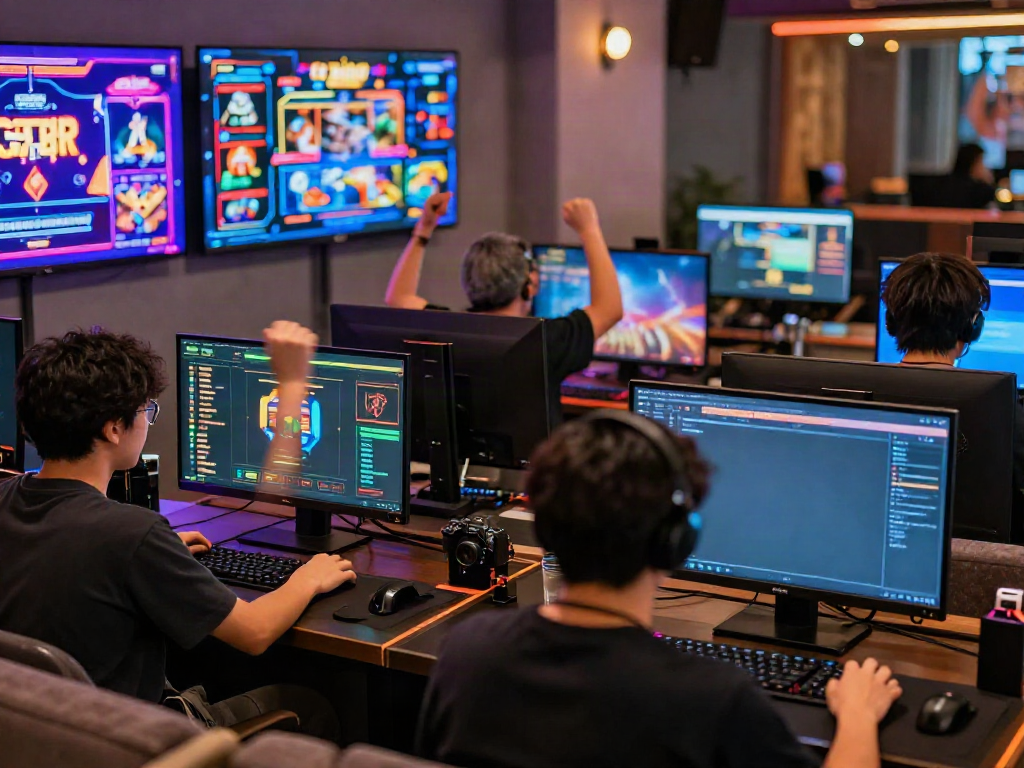 Online gaming excitement at RED88 with players and interactive game displays.