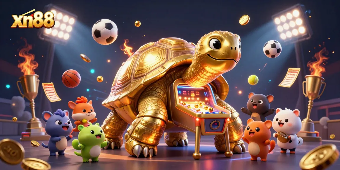 Engage with xn88's vibrant casino scene boasting a joyful tortoise pinball machine and sports elements.