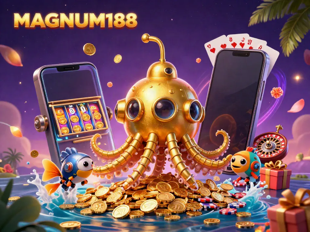 Engage with MAGNUM188's thrilling gaming scene featuring a golden kraken submarine among vibrant casino elements.