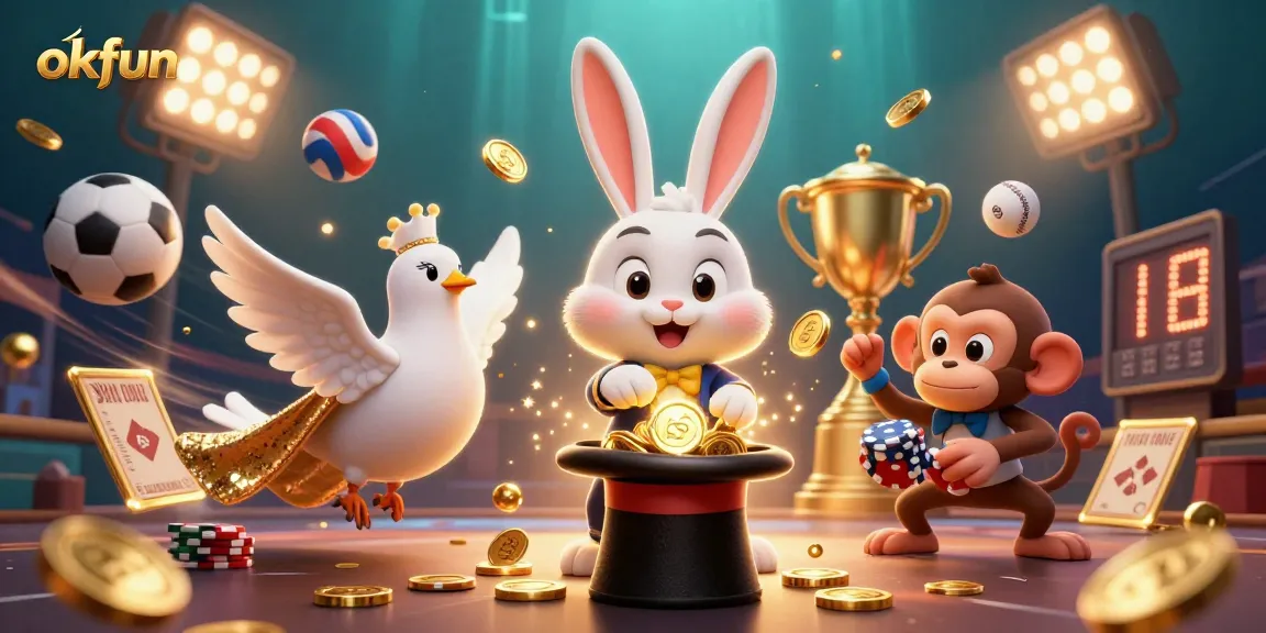 Join the excitement at okfun with a magician rabbit, vibrant sports elements, and thrilling casino action.