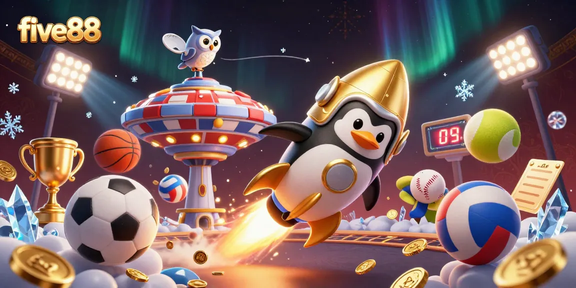Join the golden penguin in five88's thrilling cosmic casino adventure with vibrant sports elements!