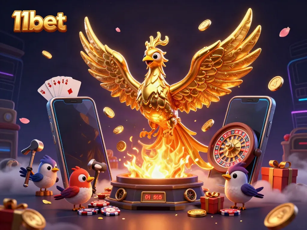 Experience 11bet's dynamic casino world with golden phoenix, gaming elements, and rich visuals.